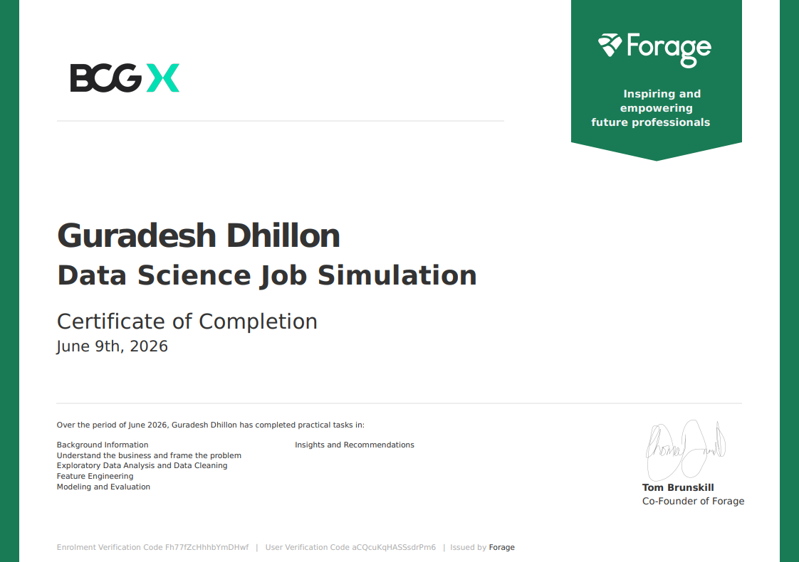 BCG X Data Science Job Simulation Certificate